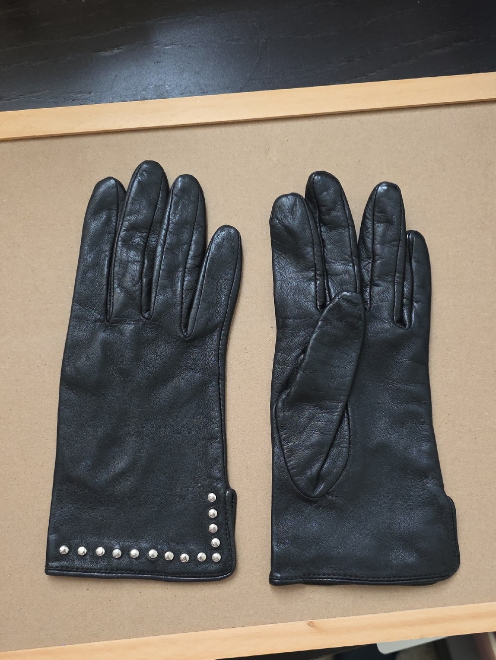 Danier Genuine Black Leather Gloves with Silver Stud Trim